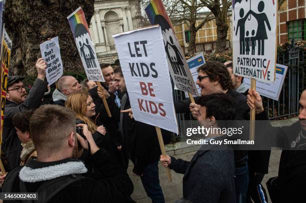 Members of the right wing Patriotic Alternative group are surrounded and confronted by counter protestors at Tate Britain on February 11, 2023 in...