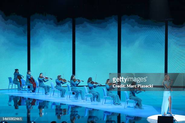 Angele Van Laeken performs on stage during thethe 38th "Les Victoires De La Musique" Award Ceremony At La Seine Musicale on February 10, 2023 in...