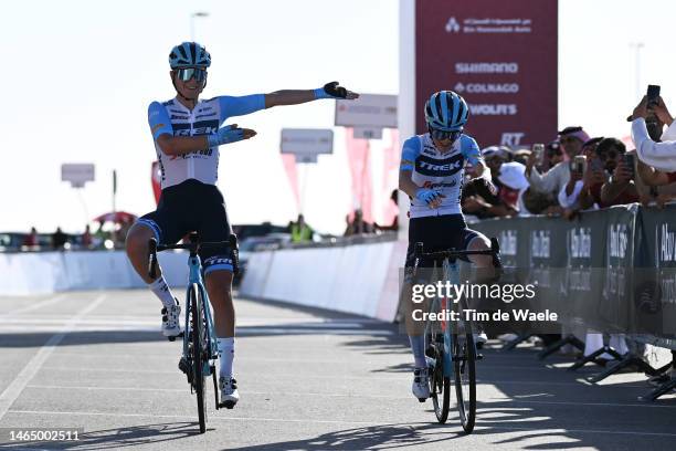 Elisa Longo Borghini of Italy and Gaia Realini of Italy and Team Trek - Segafredo celebrate at finish line as stage winners during the 1st UAE Tour...