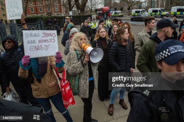 Anti drag queen protestors at Tate Britain on February 11, 2023 in London, England. The library readings have been controversial in the past, with...