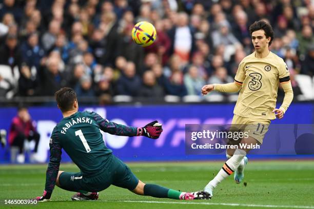 Joao Felix of Chelsea scores the team's first goal past Lukasz Fabianski of West Ham United which is later disallowed by VAR during the Premier...