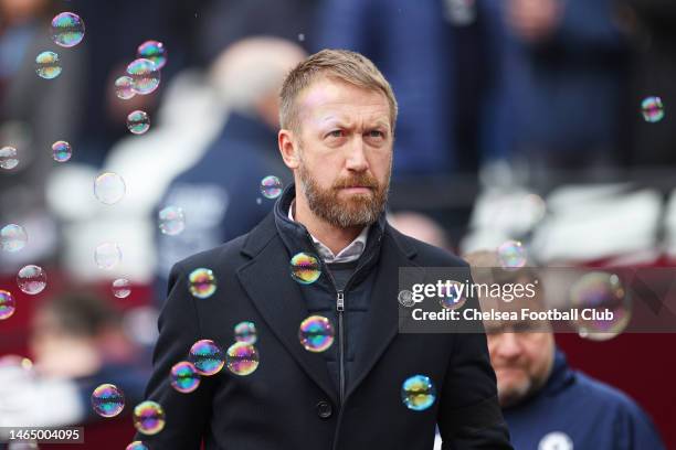Graham Potter, Manager of Chelsea, looks on prior to the Premier League match between West Ham United and Chelsea FC at London Stadium on February...