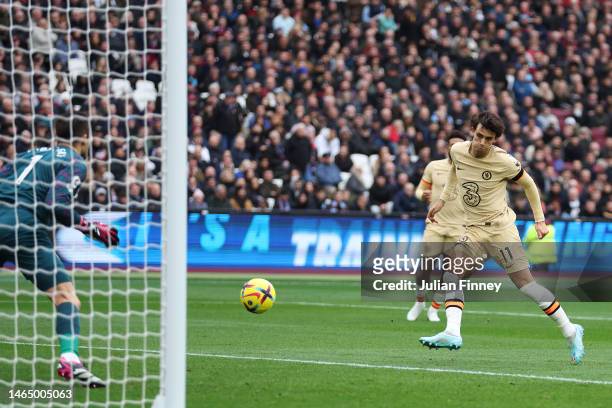 Joao Felix of Chelsea scores the team's first goal during the Premier League match between West Ham United and Chelsea FC at London Stadium on...