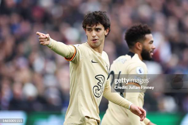 Joao Felix of Chelsea celebrates after scoring the team's first goal during the Premier League match between West Ham United and Chelsea FC at London...