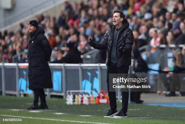 Gareth Taylor, Manager of Manchester City, reacts during the FA Women's Super League match between Manchester City and Arsenal at The Academy Stadium...