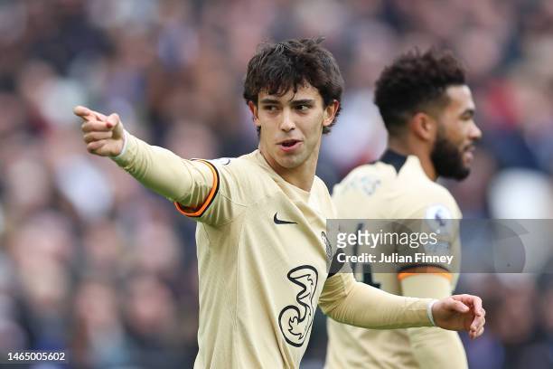 Joao Felix of Chelsea celebrates after scoring the team's first goal during the Premier League match between West Ham United and Chelsea FC at London...