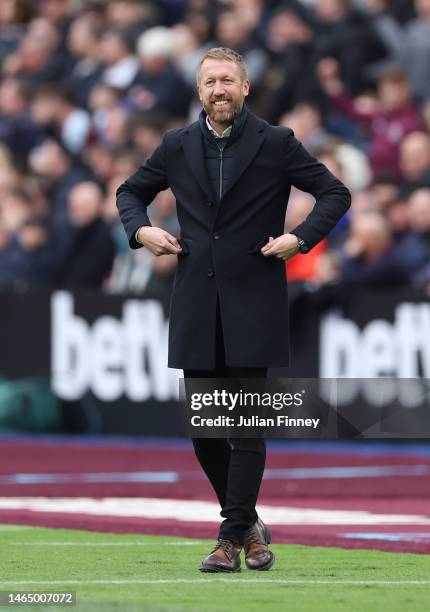 Graham Potter, Manager of Chelsea, reacts during the Premier League match between West Ham United and Chelsea FC at London Stadium on February 11,...