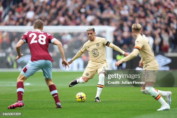 Enzo Fernandez of Chelsea passes the ball during the Premier League match between West Ham United and Chelsea FC at London Stadium on February 11,...