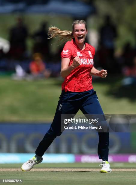 Lauren Bell of England celebrates the wicket of Stafanie Taylor of West Indies which is later given not out on review during the ICC Women's T20...