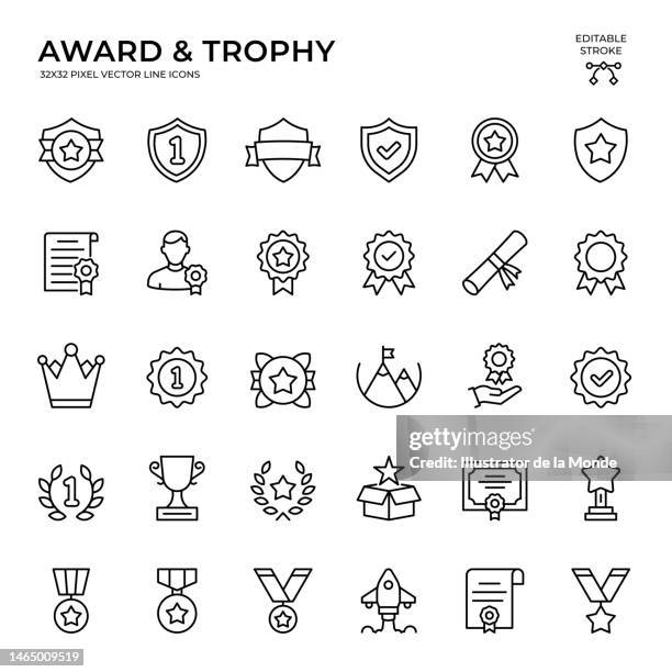 editable stroke vector icon set of award and success - gold medalist stock illustrations