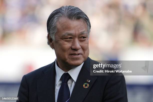 Kozo Tashima of President of JFA looks on after the FUJIFILM Super Cup between Yokohama F・Marinos and Ventforet Kofu at the National Stadium on...