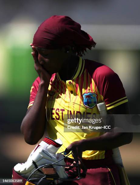 Stafanie Taylor of West Indies makes their way off after being dismissed during the ICC Women's T20 World Cup group B match between West Indies and...