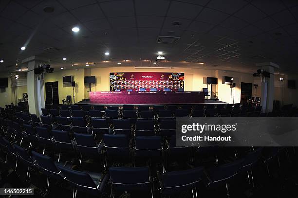 In this handout image provided by UEFA, a general view of the press conference room during a UEFA EURO 2012 press conference at the Metalist Stadium...