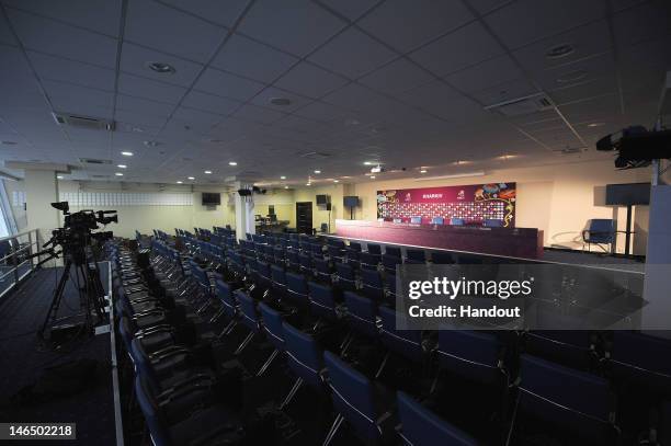 In this handout image provided by UEFA, a general view of the press conference room during a UEFA EURO 2012 press conference at the Metalist Stadium...