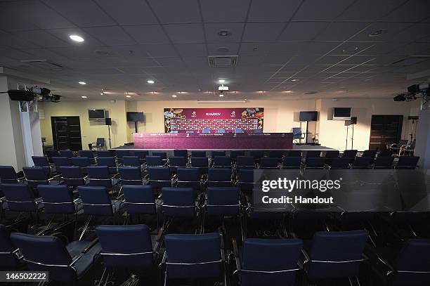 In this handout image provided by UEFA, a general view of the press conference room during a UEFA EURO 2012 press conference at the Metalist Stadium...