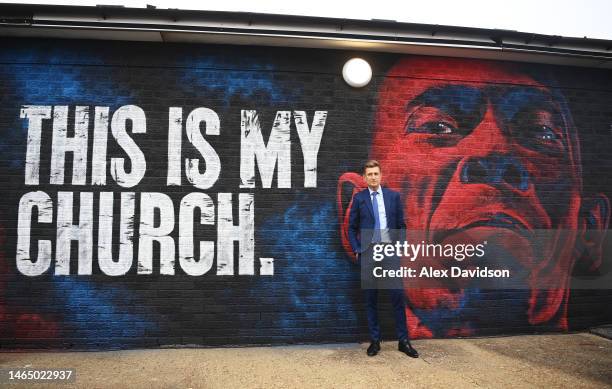 Steve Parish, Chairman of Crystal Palace stands alongside a mural commemorating musician Maxi Jazz is unveiled outside the stadium prior to the...