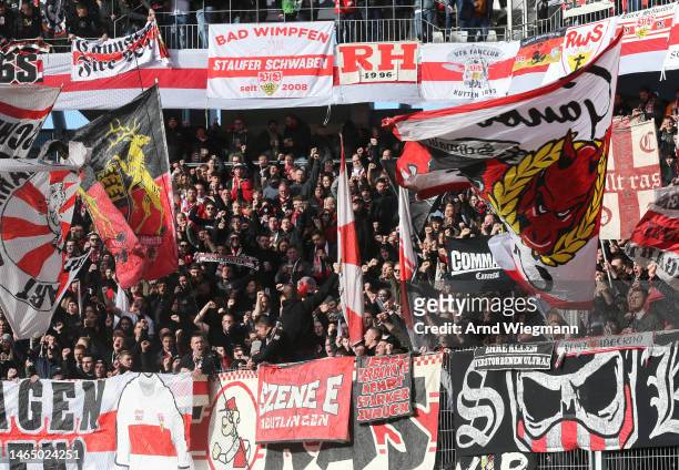 VfB Stuttgart fans show their support prior to the Bundesliga match between Sport-Club Freiburg and VfB Stuttgart at Europa-Park Stadion on February...