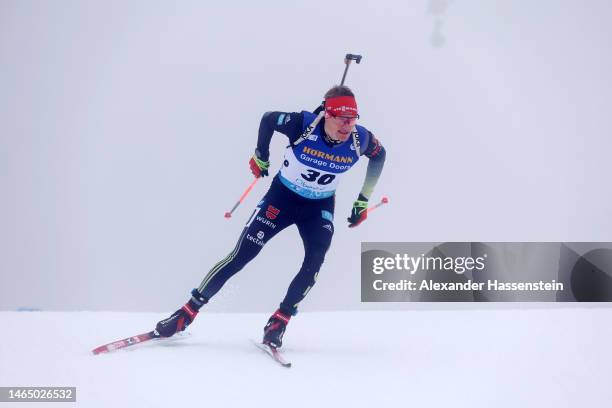 Benedikt Doll of Germany competes during the Men 10 km Sprint at the IBU World Championships Biathlon Oberhof on February 11, 2023 in Oberhof,...