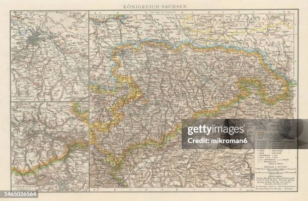 old chromolithograph map of kingdom of saxony, germany - leipzig saxony stock pictures, royalty-free photos & images