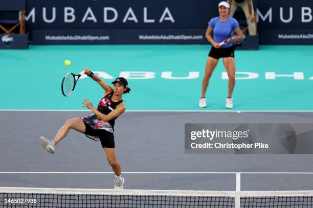 Miyu Kato of Japan and Monica Niculescu of Romania in action against Luisa Stefani of Brazil and Shuai Zhang of China during their Women's Doubles...