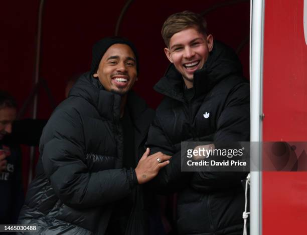 Gabriel Jesus and Emile Smith Rowe of Arsenal before the Premier League match between Arsenal FC and Brentford FC at Emirates Stadium on February 11,...