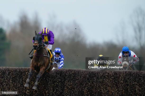 Tom O'Brien riding Zanza clear the last to win The Betfair Denman Chase at Newbury Racecourse on February 11, 2023 in Newbury, England.