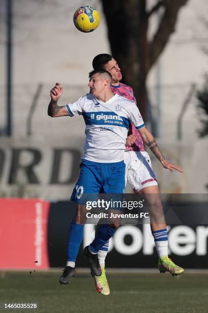 Diego Stramaccioni of Juventus Next Gen jumps for the ball during the Serie C match between Pro Sesto and Juventus Next Gen at Stadio Breda on...