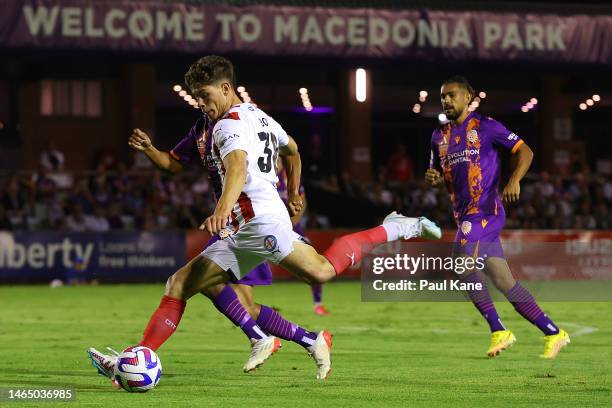 Jordan Bos of Melbourne City shoots on goal during the round 16 A-League Men's match between Perth Glory and Melbourne City at Macedonia Park, on...