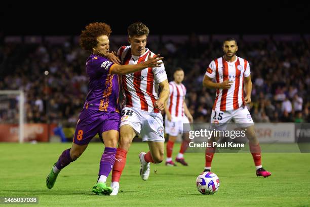 Jordan Bos of Melbourne City controls the ball against Mustafa Amini of the Glory during the round 16 A-League Men's match between Perth Glory and...