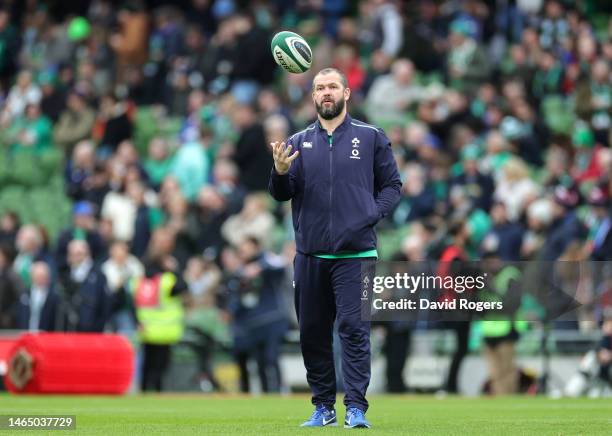 Andy Farrell, Head Coach of Ireland looks on during the warm up prior to the Six Nations Rugby match between Ireland and France at Aviva Stadium on...
