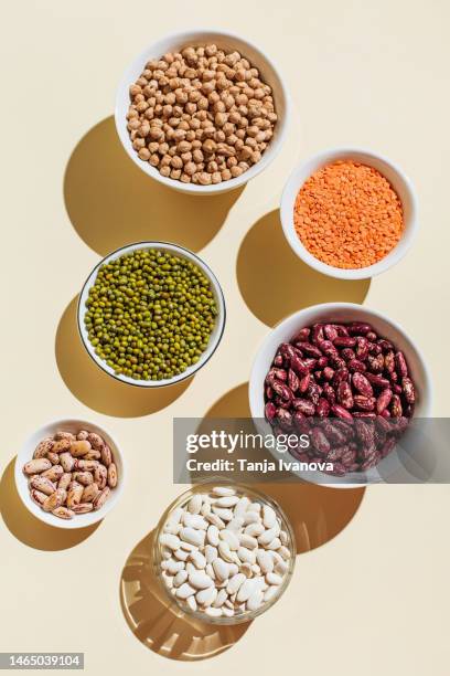 various kinds of vegan protein sources on beige background. nuts and legumes (green mung beans, chick-pea, red lentil, kidney bean, almonds, hazelnuts). flat lay, top view - bohne stock-fotos und bilder