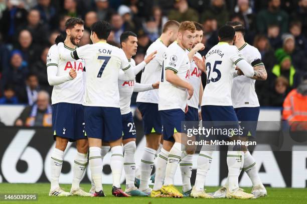 Rodrigo Bentancur of Tottenham Hotspur celebrates with teammates after scoring the team's first goal during the Premier League match between...