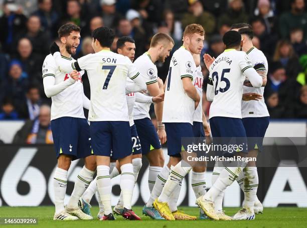 Rodrigo Bentancur of Tottenham Hotspur celebrates with teammates after scoring the team's first goal during the Premier League match between...