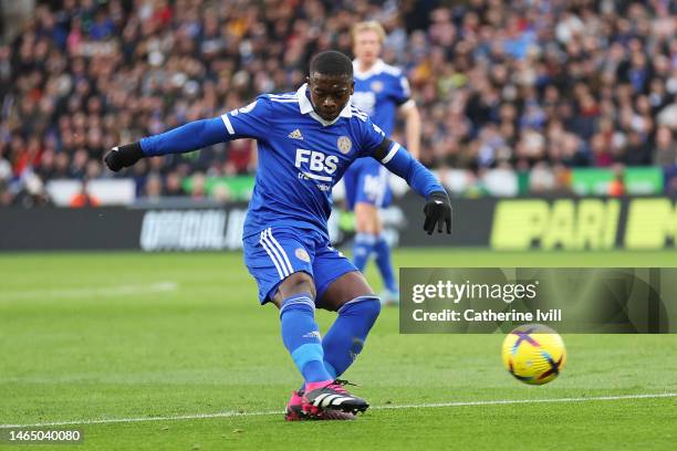 Nampalys Mendy of Leicester City scores the team's first goal during the Premier League match between Leicester City and Tottenham Hotspur at The...