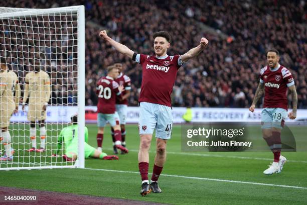 Declan Rice of West Ham celebrates the goal scored by Tomas Soucek of West Ham United which is later disallowed by VAR during the Premier League...