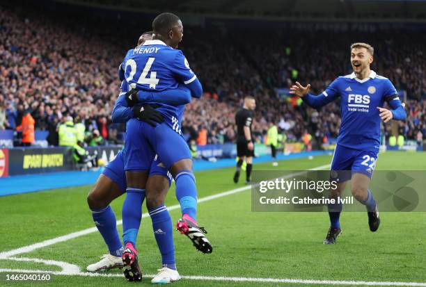 Nampalys Mendy of Leicester City celebrates with teammate Kelechi Iheanacho after scoring the team's first goal during the Premier League match...