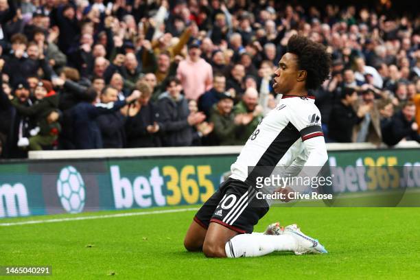 Willian of Fulham celebrates after scoring their sides first goal during the Premier League match between Fulham FC and Nottingham Forest at Craven...