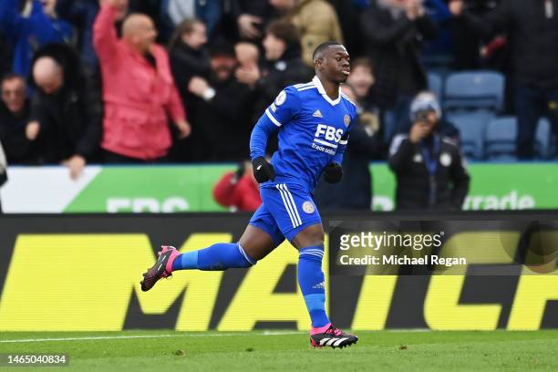 Nampalys Mendy of Leicester City celebrates after scoring the team's first goal during the Premier League match between Leicester City and Tottenham...