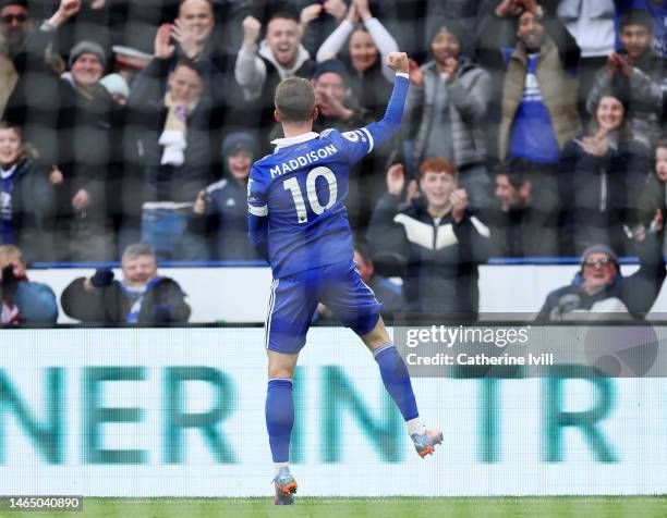 James Maddison of Leicester City celebrates after scoring the team's second goal during the Premier League match between Leicester City and Tottenham...