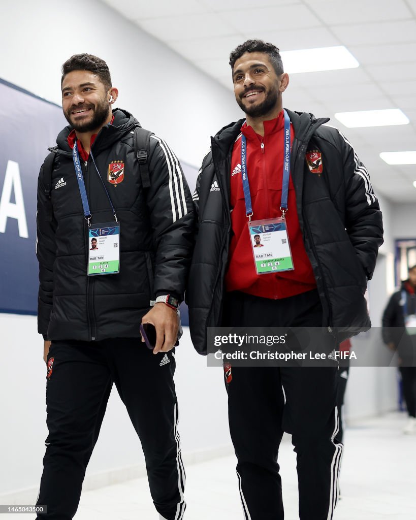 Yasser Ibrahim and Ayman Ashraf of Al Ahly arrive at the stadium