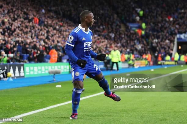 Nampalys Mendy of Leicester City celebrates after scoring the team's first goal during the Premier League match between Leicester City and Tottenham...