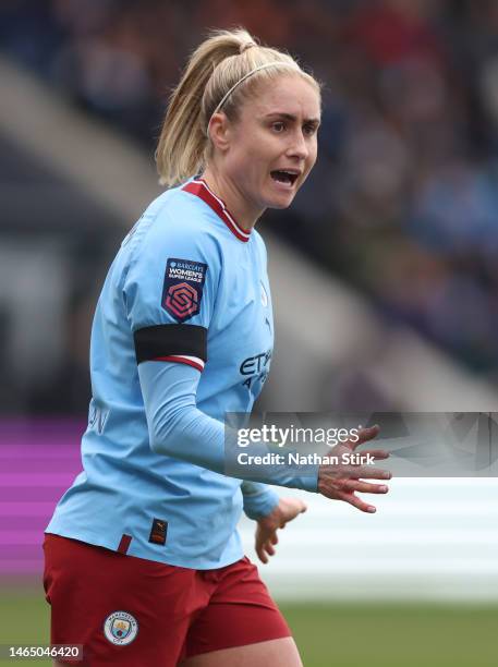 Stephanie Houghton of Manchester City gestures during the FA Women's Super League match between Manchester City and Arsenal at The Academy Stadium on...