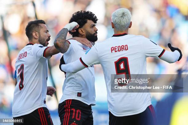 Gabriel Barbosa of Flamengo celebrates with team mates after scoring their sides first goal during the FIFA Club World Cup Morocco 2022 3rd Place...