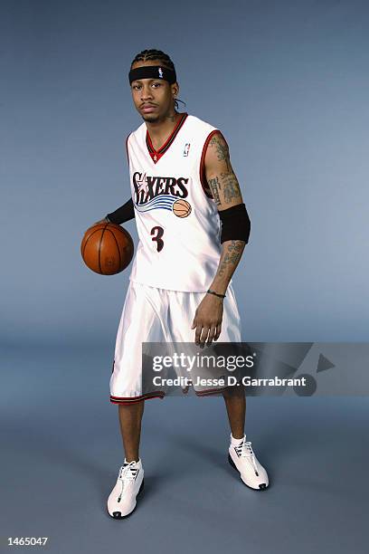 Allen Iverson of the Philadelphia 76ers poses for a portrait during the 76ers Media Day on September 30, 2002 at First Union Center in Philadelphia,...