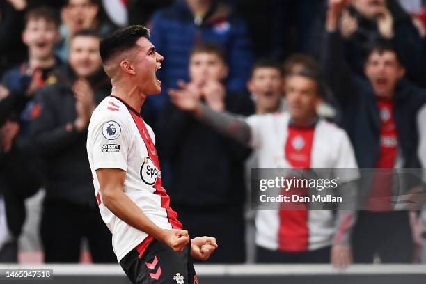 Carlos Alcaraz of Southampton celebrates after scoring the team's first goal during the Premier League match between Southampton FC and Wolverhampton...