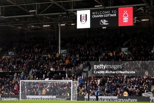 Detailed view of an LED board which reads 'No Room For Racism' prior to during the Premier League match between Fulham FC and Nottingham Forest at...