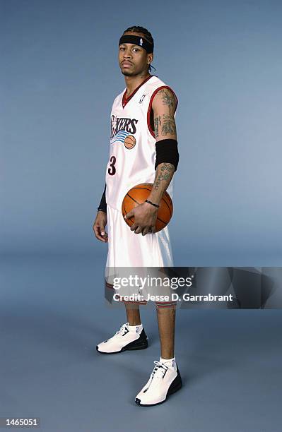 Allen Iverson of the Philadelphia 76ers poses for a portrait during the 76ers Media Day on September 30, 2002 at First Union Center in Philadelphia,...