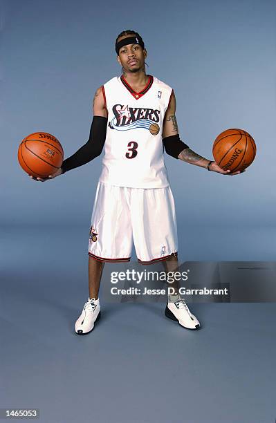 Allen Iverson of the Philadelphia 76ers poses for a portrait during the 76ers Media Day on September 30, 2002 at First Union Center in Philadelphia,...