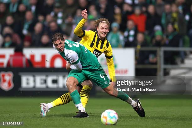 Julian Brandt of Borussia Dortmund scores the team's second goal during the Bundesliga match between SV Werder Bremen and Borussia Dortmund at...