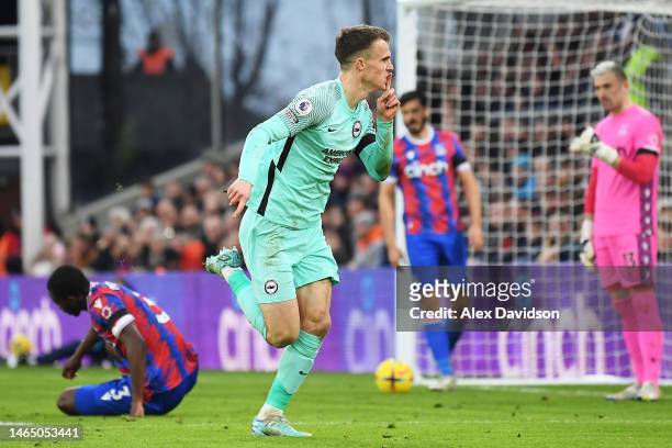 Solly March of Brighton & Hove Albion celebrates after scoring their sides first goal during the Premier League match between Crystal Palace and...